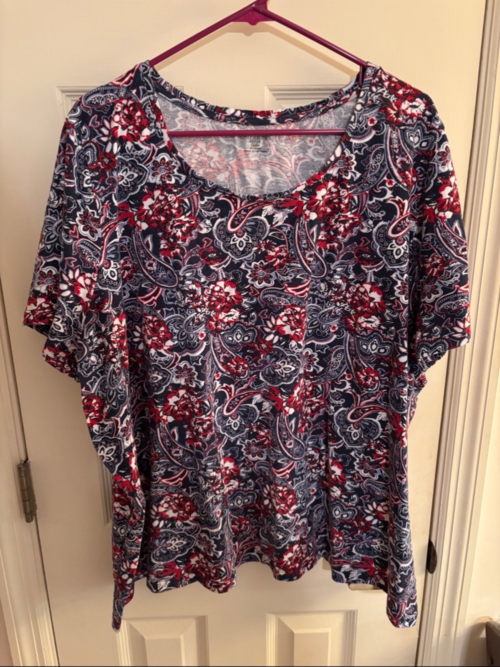 Catherines Navy Paisley Floral Short Sleeve Top with Red Accents